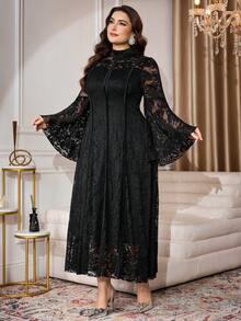 Modelyn 大码女式针织蕾丝镂空喇叭袖拉链后背优雅派对喇叭裙 - 黑色 - 查看 3
