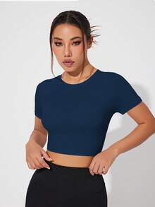 Dewbera 白色网眼拼接短袖运动T恤 - 藏蓝色 - 查看 2