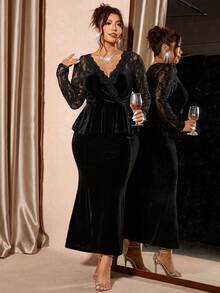 Cravure Bộ 2 món áo ren cổ chữ V tay dài thanh lịch và chân váy nhung đuôi cá cho nữ - màu đen - Xem 4