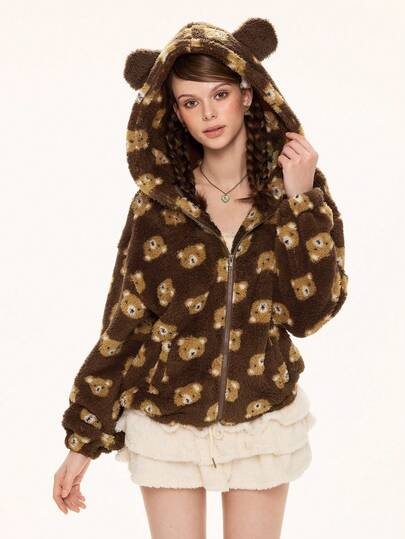 Kawaii Cute Bear Double-Sided Fleece Print Hooded Jacket With Bear Ears Zipper Front For Women, Long Sleeve