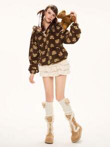 ROMWE Kawaii Cute Bear Double-Sided Fleece Print Hooded Jacket With Bear Ears Zipper Front For Women, Long Sleeve
