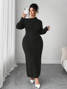 Elenzga 女士加大码宽松长袖毛衣连衣裙，露肩设计，休闲外套，大码，秋冬款 - 黑色 - 查看 7