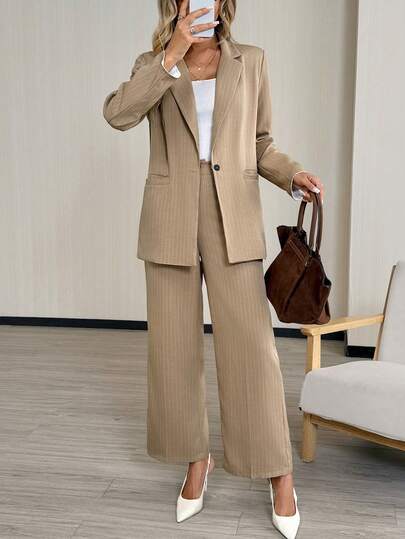 Easowa 秋冬休闲宽松女士套装，卡其色条纹西装外套和长裤两件套，米色时尚休闲女士套装两件套，优雅商务休闲女士两件套，女士办公室套装，商务休闲女士两件套，女士西装套装，女士冬季正装