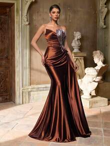 Glamrae Elegant Luxurious Beaded & Sequin Patchwork Elastic Satin Ruched Side Slit Fishtail Skirt, Suitable For Weddings, Parties, Vacations, Galas, Evening Dresses (Heavy Embellishment) - Coffee Brown - View 4