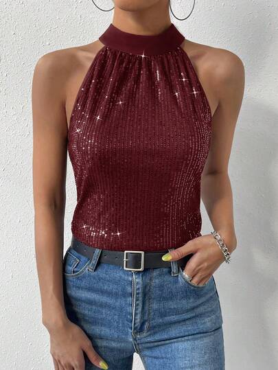 RosyDaze Women Burgundy Tie Back Halter Neck Sequins Top, Base Sleeveless Top Stretch Sexy Sleeveless Date/Party/Nightclub/Street /Valentine's Day/Birthday Tops/Christmas Halloweens/Spring/Summer/Autumn/Winter Business Casual Concert Offices New Year Autumns For Women Wedding Guest Women Top