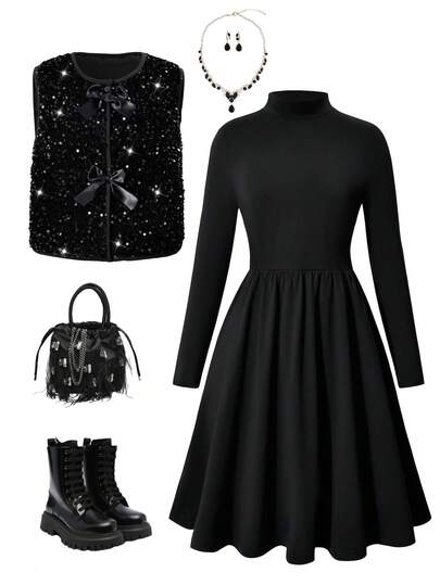 Modisches, vielseitiges Outfit für Teenager-Mädchen, langärmeliges Rollkragen-Schwarzkleid, schwarze Pailletten-Weste mit Schleifen-Dekor, geeignet für Ausflüge, Einkaufen, Urlaub und Pendeln im Herbst/Winter, kann mit Jacke kombiniert werden