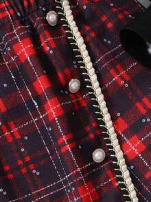 Elladie kids Girls Solid Color Ribbed Collar Ruffle Trim Long Sleeve Top + Plaid Button Decor Skort, Casual Daily Outfit - Black - View 5