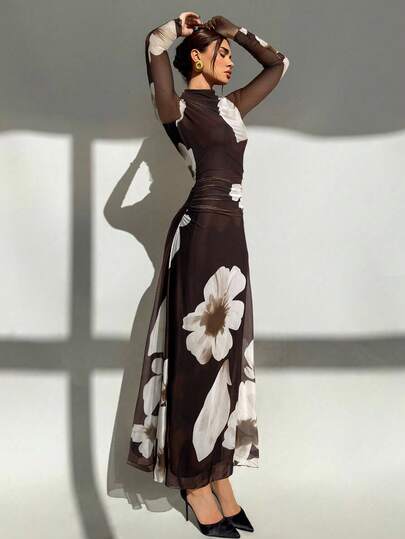 Aloruh New Autumn/Winter Red Tie Dye Floral Mesh Print Party Long Sleeve Fitted Dress