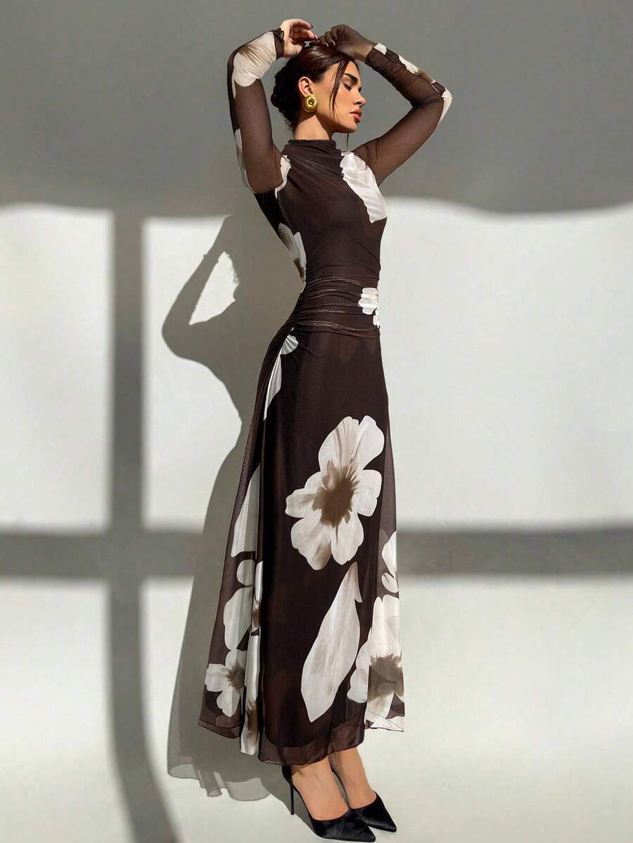 Aloruh 全新秋冬红色扎染花卉网眼印花派对长袖修身连衣裙