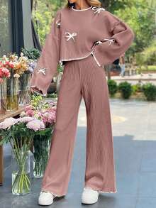 EURMUSE 2pcs Bow Decor Contrast Trim Knitted Sweater And Pants Set - Dusty Pink - View 6