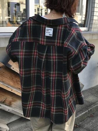 FRIFUL Women's Green Plaid Fabric Back Contrast Woven Label Decor Drop Shoulder Long Sleeve Loose Casual Versatile Fashion Shirt, Autumn/Fall