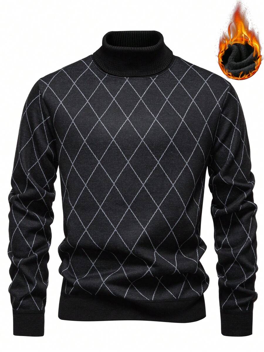 Manfinity Mode Áo len cổ cao nam mùa thu/đông, họa tiết hình thoi, lót giữ nhiệt, cổ cao in hình học, tay dài. - màu đen - Xem 1