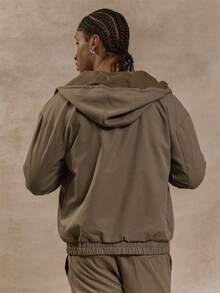 Musero Oversized Drop Shoulder Long Sleeve High Hooded Zip Through Jacket Top Only Fall/SPRING SUMMER - Khaki - View 4