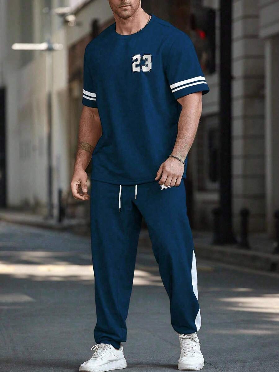 Manfinity Homme 2pcs/Set Plus Size Men Colorblock Stripe & Digit Print T-Shirt And Pants Set