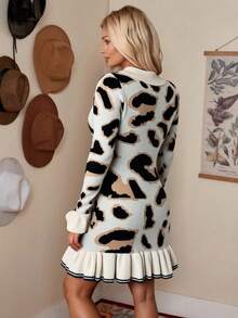 LanaWest Women's Autumn/Winter Fashion Leopard Print Knit Ruffle Hem Bodycon Design Sweater Dress Fall Cloth For Women - Apricot - View 2