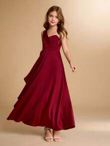 Elegantes Blumen Mädchen-Kleid für Abschluss, Hochzeit, Ball, geeignet für Halloween, Weihnachten, burgunderrotes Satinkleid mit einem Schulterträger, Schleife, rückenfreiem Rücken und Midi-Länge für Tween Mädchen, asymmetrischer Saum, aufgeblähter Prinzessinnen-Stil für den Schulanfang - Bordeaux - Übersicht 3