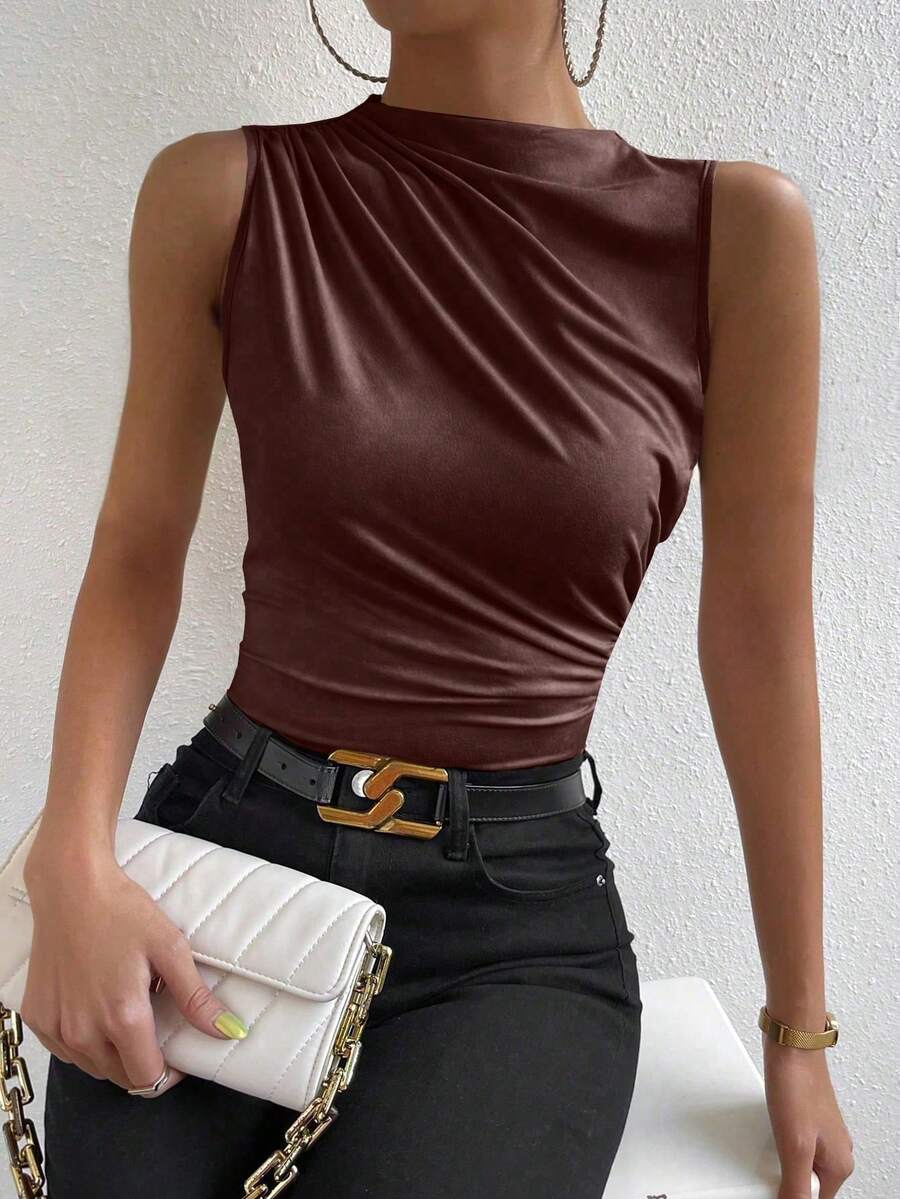 SHEIN PETITE Tank Top Lipit Leher Tinggi Kasual Modis, untuk Wanita Bertubuh Mungil - Coklat - View 1