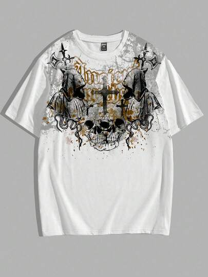 Goth قميص تي شيرت رجالي بطبعة جمجمة بياقة دائرية وأكمام قصيرة