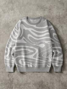 Manfinity EMRG Áo len nam dài tay cổ tròn dáng rộng, phong cách thường ngày, thích hợp mặc mùa thu/đông, áo len nam tay dài in họa tiết, áo len in hình phóng đại. - Màu Xám nhạt - Xem 1