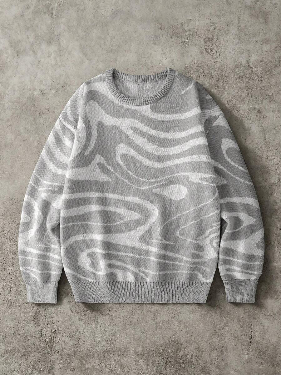 Manfinity EMRG Áo len nam dài tay cổ tròn dáng rộng, phong cách thường ngày, thích hợp mặc mùa thu/đông, áo len nam tay dài in họa tiết, áo len in hình phóng đại. - Màu Xám nhạt - Xem 1