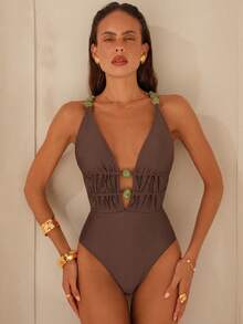 Swim Chiccia 女式纯色细肩带串珠装饰交叉后背系带前串珠连体泳衣 - 咖啡棕 - 查看 6