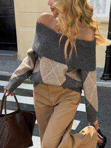 Livesso Damen Lässiger Off-Shoulder Karomuster Pullover, Herbst/Winter