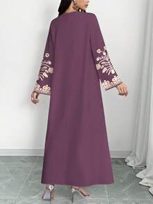 SHEIN Najma 女士紫色印花V领长袖优雅阿拉伯风格长款连衣裙，春秋季 - 彩色 - 查看 2