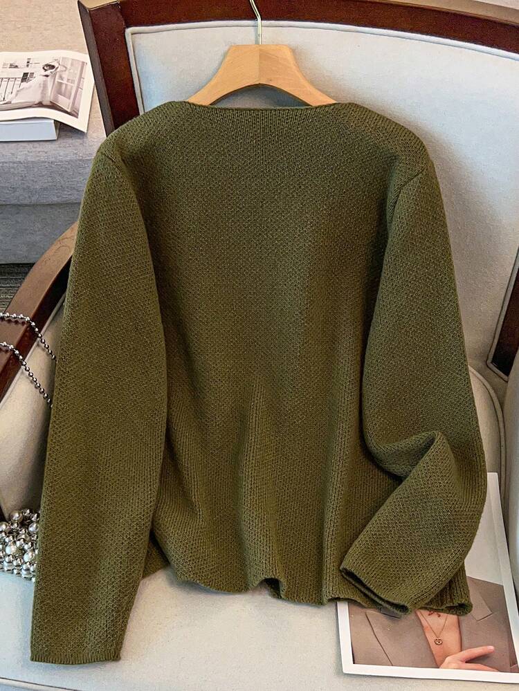 GlowEve CURVE Autumn/Winter New Casual Loose Fit V-Neck Long Sleeve Cardigan, Featuring Unique Sunflower & Shell Metal Decor, Asymmetrical Curved Hem, Women Holiday St Patricks Day - Army Green - View 2