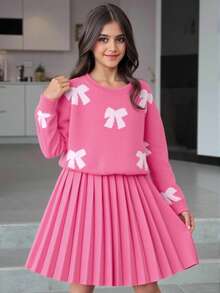 SHEIN Áo len cổ tròn màu xanh dương ngọt ngào, đa năng dành cho bé gái tuổi teen, phối cùng chân váy xếp ly họa tiết hoa, phù hợp mặc ở nhà, đi chơi, dự tiệc, đi học. Chân váy hồng dễ thương cho bé gái, kiểu Pháp, mùa xuân thu, quần áo bé gái mùa thu đông, chân váy hồng thắt nơ thanh lịch cho bé gái, chân váy mùa đông cho bé gái. - Hồng - Xem 8