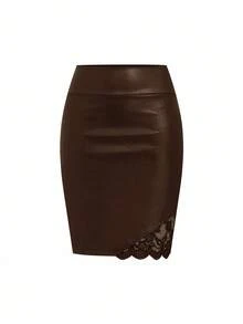 Ellevyn 女士优雅通勤纯色蕾丝拼接半身裙 - 摩卡棕 - 查看 7