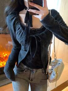 DAZY 女士蕾丝拼接系带长袖T恤，秋冬款 - 灰色 - 查看 5