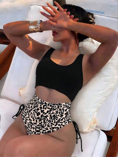 2025 Women's Leopard Print Patchwork Cutout One-Piece Swimsuit, Random Print