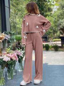 EURMUSE 2pcs Bow Decor Contrast Trim Knitted Sweater And Pants Set - Dusty Pink - View 5