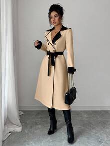 Elenzga 女士撞色领双排扣收腰优雅休闲通勤时尚法式风衣，奶油白杏色，长袖，秋冬款 - 卡其色 - 查看 3