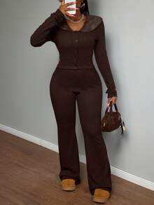 Slaydiva Autumn Elegant Dark Brown Two Pieces Set Women,Fur Collar V-Neck Long-Sleeved Slim T-Shirt & Flared Pants,Tweed Business Casual Brunch Outfits - Brown - View 6