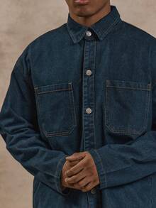 Musero 超大款长袖纽扣衬衫，秋冬必备牛仔衬衫 - 深色水洗藍 - 查看 3