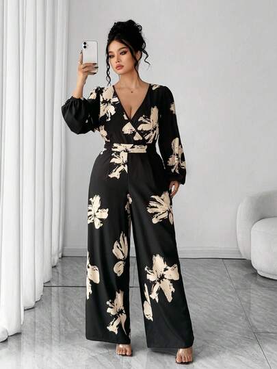 Elenzga Fashionable Autumn/Winter French Romantic Vintage Casual & Commute V-Neck Printed Waist Cinched Puff Sleeve Jumpsuit