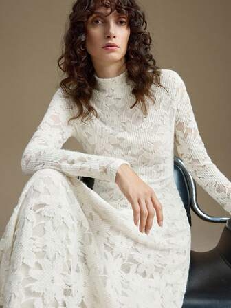 Ontre Lace Women's Stand Collar Raglan Sleeve Casual Fitted Long Dress High-End, Elegant, Old-Fashioned Cruise Attire For Wedding Guests Christmas Evening Clothes New Year Atmosphere Holiday Party Women's Clothing Modern Urban Casual Fashion Business Casual Women's Office Wear Low-Key Old Money Style Effortless Temperament High-End Urban Commuting High-Quality Airport Women's Wear High-End Material Waist Detail Flared Dress New Year