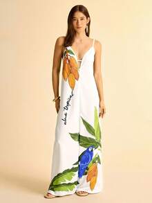 CAJUNI 女士杏色底椰子树和巨嘴鸟印花V领无袖休闲连体裤，夏季海滩度假 - 彩色 - 查看 1
