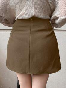 DAZY Women's Elegant Solid Color Asymmetric Pleated Skirt, Autumn/Winter - Brown - View 2
