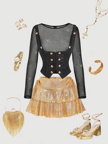 SHEIN MOD Women's Fashionable Gold Double Hem Low Waist Skirt, Fall/Winter , Party,Elegant, Luxury Evening Dresses For Weddings, Gold Skirt, Ruffled Skirt, Mini Skirt, Metallic Skirt - Gold - View 6