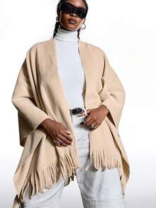 LYSMO Áo khoác Poncho quấn tua rua dáng rộng cho nữ cỡ lớn mùa thu/đông - Lạc đà - Xem 7