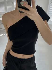 DAZY Áo thun trơn màu trơn vai chéo thường ngày mùa hè dành cho nữ - màu đen - Xem 3