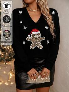 EMERY ROSE Suéter plus size de cor sólida com decote em V e bordado de boneco de neve natalino com lantejoulas. Suéter de tricô casual e elegante para o Natal, volta às aulas, férias, escritório e outono/inverno.
