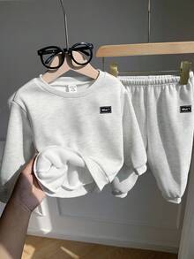 SHEIN 2件套婴儿男女童休闲运动灰色字母印花长袖连帽衫和运动裤套装，秋冬季