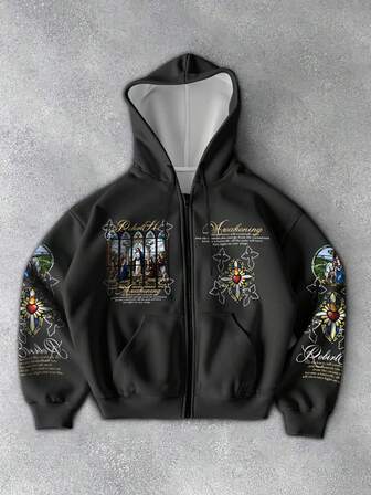 Manfinity Roghcode Herren Streetwear Lässig Reißverschluss-Hoodie mit Digitalprint