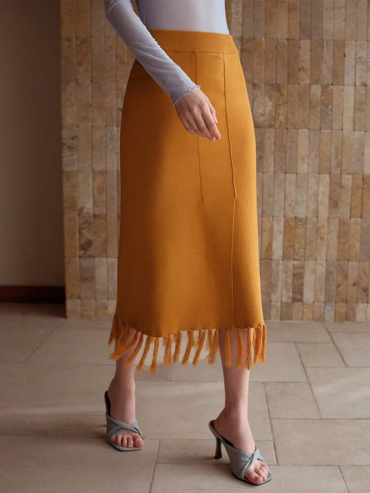 SOLID FRINGE HEM SWEATER SKIRT