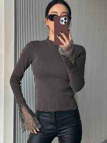 DAZY Women Lace Patchwork Fitted Long Sleeve Pullover Sweater,Fall Clothes