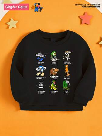 GraphicGems Young Boys Casual Comfortable Fashion Minimalist Versatile Creative Funny "Italian Brainrot" Graphic Crew Neck Sweatshirt, Autumn/Winter Outerwear For School And Leisure