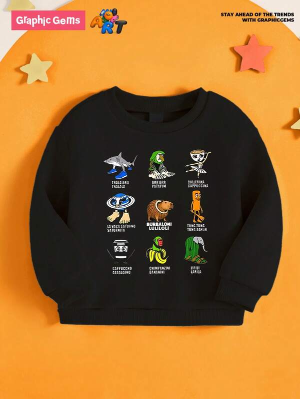 GraphicGems Young Boys Casual Comfortable Fashion Minimalist Versatile Creative Funny "Italian Brainrot" Graphic Crew Neck Sweatshirt, Autumn/Winter Outerwear For School And Leisure